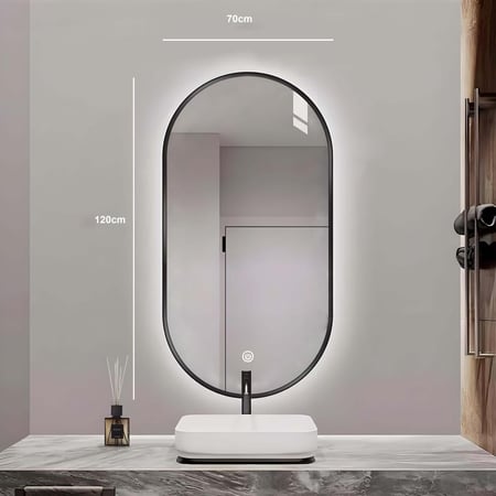 مراية 120x70 بيضوي ليد LED ثلاية الوان بنظام أضاءة تدريجي فريم اسود