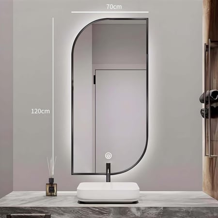 مراية 120x70 مستطيلة ليد LED ثلاثة الوان بنظام أضاءة تدريجية فريم اسود