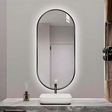 مراية 80x60 بيضوي ليد LED ثلاثة الوان بنظام أضاءة تدريجي فريم اسود