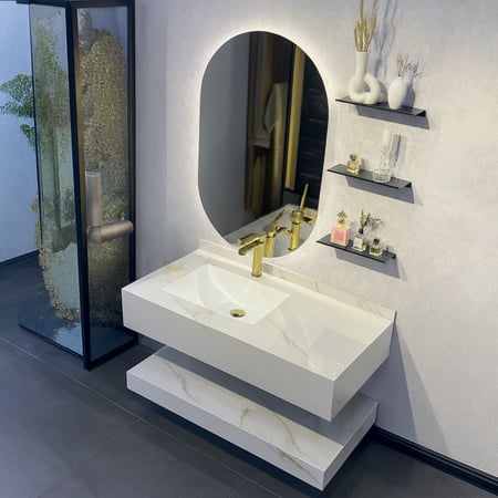 مغسلة سكري فاتح عرق ذهبي قياس 100 سم مع 3 ارفف ومرايا مضيئة