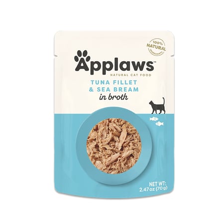 أبلاوز طعام قطط بالتونة وسمك الدنيس في المرق – 70 غ