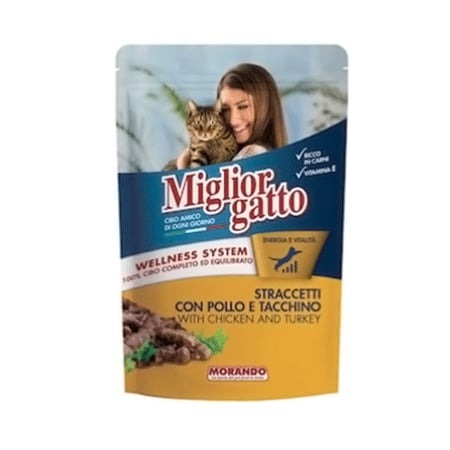 طعام رطب للقطط – ميجليور جاتو دجاج وديك رومي 100 جم