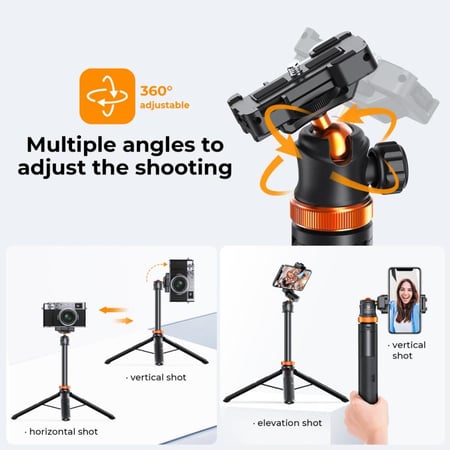 K&F Concept MS04 1.58m Tripod Phone Selfie Stick, Black And Orange With Bluetooth Remote Control + Gopro Adapter