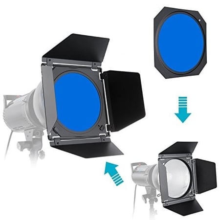 Godox BD-04 Barn Door and Honeycomb Grid and 4 Color Gel Filters