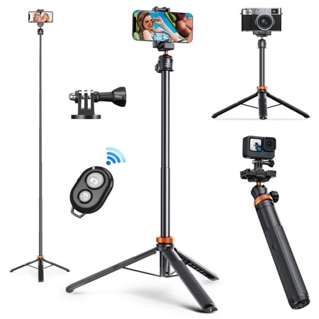 K&F Concept MS04 1.58m Tripod Phone Selfie Stick, Black And Orange With Bluetooth Remote Control + Gopro Adapter
