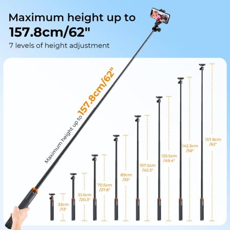 K&F Concept MS04 1.58m Tripod Phone Selfie Stick, Black And Orange With Bluetooth Remote Control + Gopro Adapter