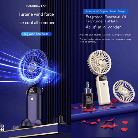 مروحة محمولة باليد مع منفذ USB قابل لإعادة الشحن للمنزل والمكتب .