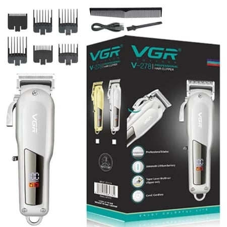ماكينة حلاقة الشعر VGR V-278 مع بطارية قابلة لإعادة الشحن، شاشة LED وشفرات فولاذية مقاومة للصدأ لون (فضى)