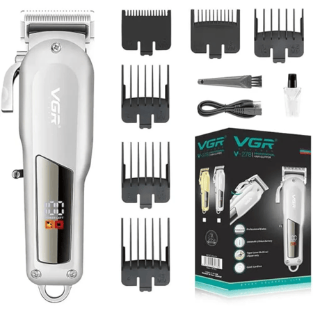 ماكينة حلاقة الشعر VGR V-278 مع بطارية قابلة لإعادة الشحن، شاشة LED وشفرات فولاذية مقاومة للصدأ لون (فضى)