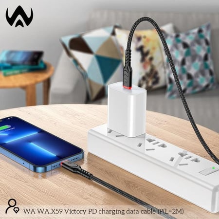 كيبل شحن قماش تايب سى - ايفون بقوة 27 واط بطول مترين اسود من دبليو ايه