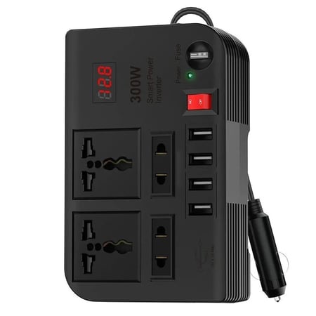 محول طاقة للسيارة DENX DX130 بقوة 300 واط لتحويل 12 فولت إلى 220 فولت مع شاشة رقمية، وأربعة منافذ USB