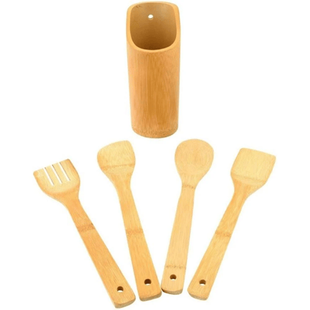 طقم ملاعق مطبخ خشبية متينة مع حامل أنيق - 4 قطع للطهي والتقديم
