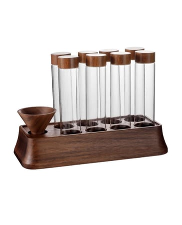 مجموعة من 8 قوارير سنقل دوز زجاجية مع قاعدة ة قمع خشبي