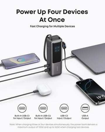 انكر - بطارية Zolo سعة 25 الف mAh مع مدخل تايب سي + USB كيبل تايب سي مدمج قوة 165 واط - اسود
