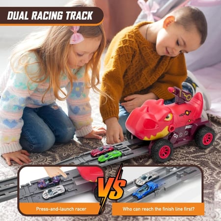 لعبة ديناصور سباق سيارات بمسار مزدوج للأطفال - احمر