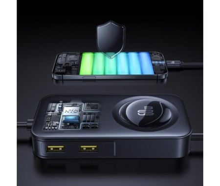 بيسوس - شاحن سيارة بقوة 105 واط متعدد المخارج بكيبل تايب سي طول 1.5 متر قابل للسحب - اسود