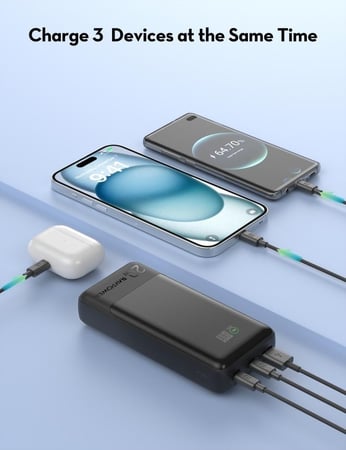 راف باور - بطارية متنقلة راف باور بقوة 20 واط بسعة 20000 ملي امبير بمنفذين تايب سي ومنفذ يو اس بي مع شاشة عرض - اسود