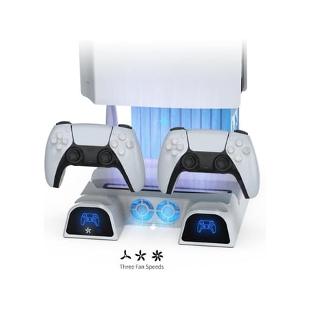 قاعدة تبريد وشحن متعددة الوظائف لجهاز الألعاب مع شحن يدّي التحكم PS5 - ابيض