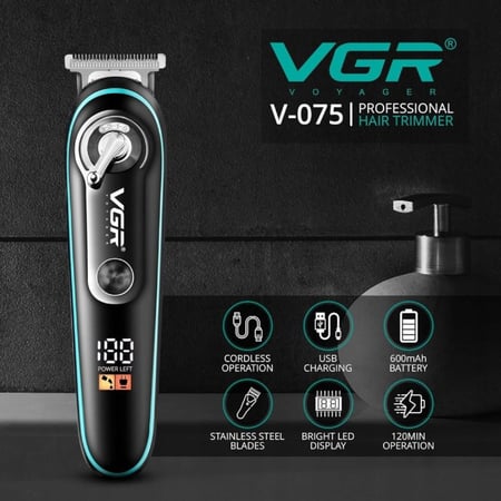 في جي ار - ماكينة تشذيب الشعر  بشاشة رقمية وشفرة ستانلس ستيل V-075 - متعدد الالوان