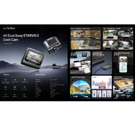LNDU - داش كام V820 كاميرا سيارة أمامية بدقة 4K وخلفية 1080p مزدوجة