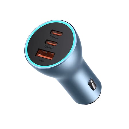 بيسوس شاحن سيارة بمنفذين تايب سي و منفذ يو اس بي بقوة 65واط ازرق