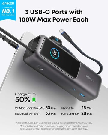 انكر - بطارية Zolo سعة 25 الف mAh مع مدخل تايب سي + USB كيبل تايب سي مدمج قوة 165 واط - اسود