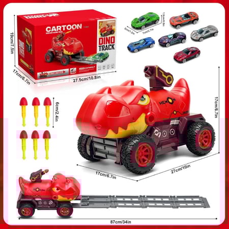 لعبة ديناصور سباق سيارات بمسار مزدوج للأطفال - احمر