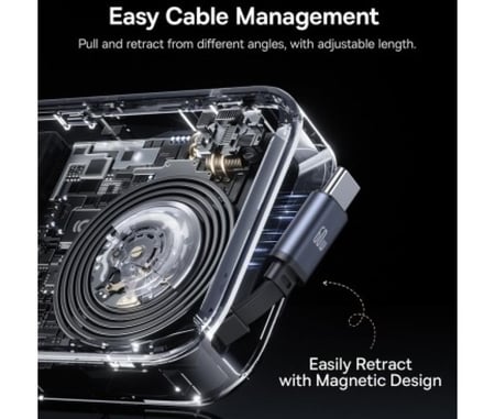 بيسوس - شاحن سيارة بقوة 105 واط متعدد المخارج بكيبل تايب سي طول 1.5 متر قابل للسحب - اسود