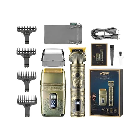 في جي آر - طقم عناية شخصية بماكينة تشذيب وماكينة حلاقة شبكية V-649 - ذهبي