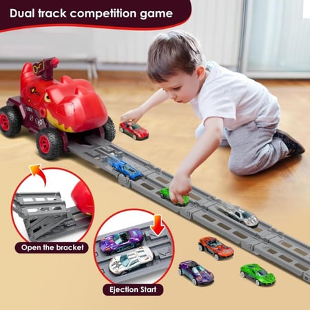 لعبة ديناصور سباق سيارات بمسار مزدوج للأطفال - احمر