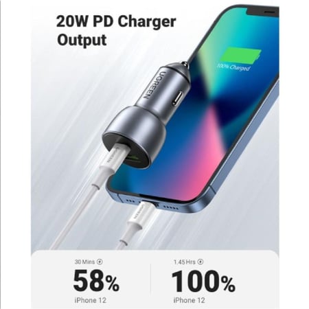 يوجرين - شاحن سيارة بمنفذ تايب سي و يو اس بي بقوة 60 واط - رمادي