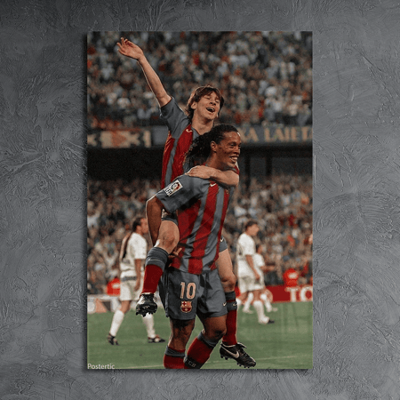 لوحة معدنية تاريخية ميسي و رونالدينهو نادي برشلونة