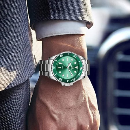 ساعة رجالية فضية ميناء اخضر - أصل الفخامة - هدية رجالية فخمة