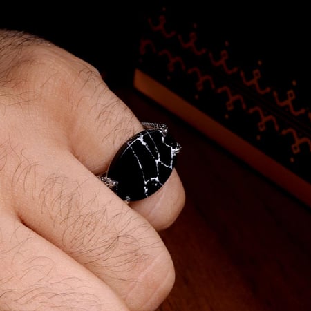 خاتم ملكي فضة عيار 925 بمقبض مُنقط - أسود معرق