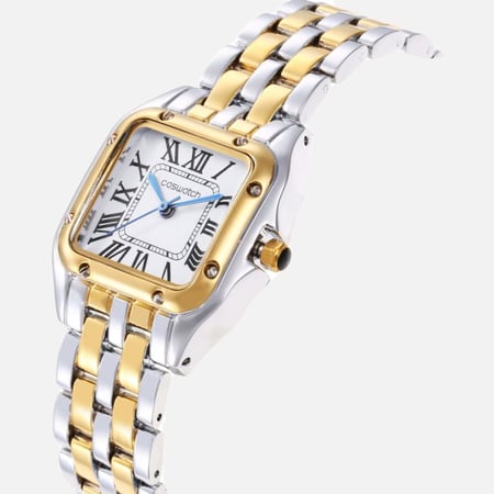 ساعة نسائية مربعة بلونين أبيض