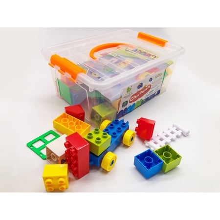 صندوق بلاستيكي متين يحتوي على قطع تركيب ملونة