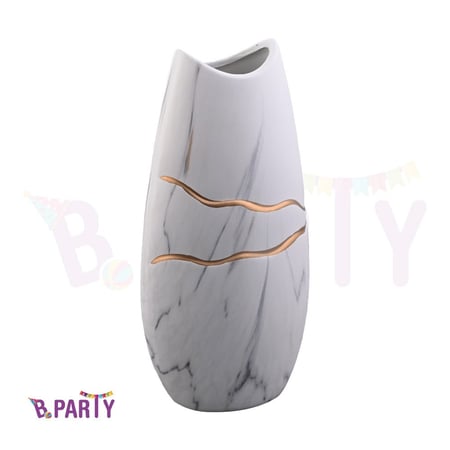 فازة رخامي أبيض مطعم بخطوط حفر ذهبي A09