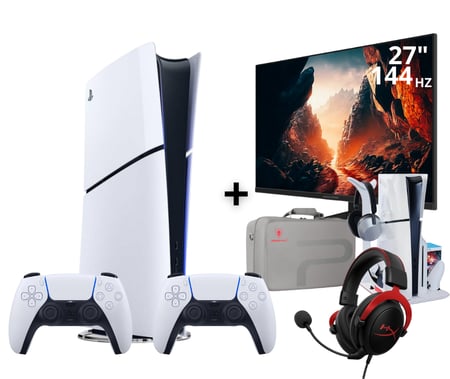 بلايستيشن 5 سليم  ديجتال يدتين تحكم  +  شاشة العاب مقاس 27 بوصة 120hz هيرتز  + قاعدة بلايستيشن 5 + سماعة هايبر اكس 2 + شنطة
