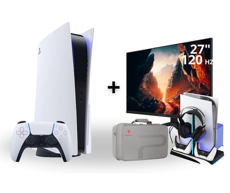 بلايستيشن 5 فات سي دي + شاشة العاب مقاس 27 بوصة 120hz هيرتز + قاعدة بلايستيشن 5 + شنطة