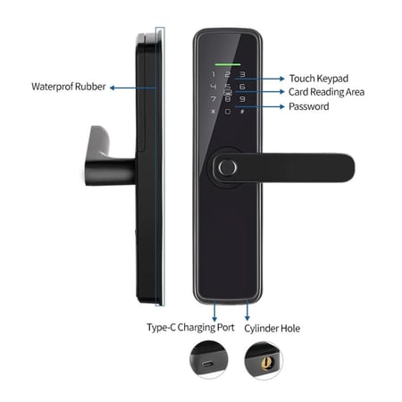 قفل باب ذكي بالبصمة بتصميم أنيق وأسود لامع