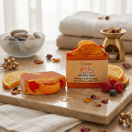 صابون طبيعي عطري برائحة التوت و البرتقال _مع زيت اللوز وزيت فيتامين سي