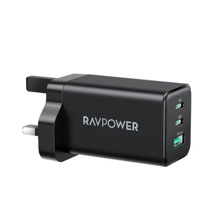شاحن جداري راف باور بايونير 65 واط منفذين USB-C ومنفذ USB-A - اسود