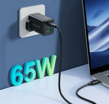 شاحن جداري راف باور بايونير 65 واط منفذين USB-C ومنفذ USB-A - اسود
