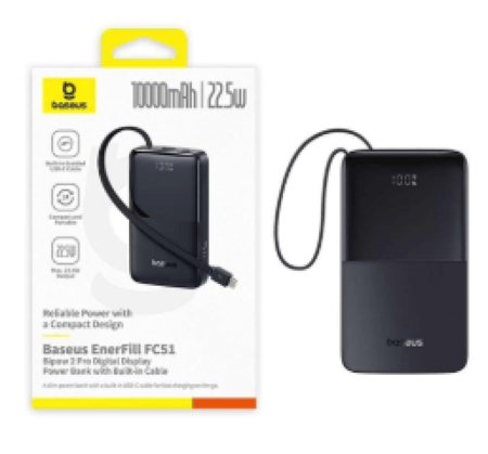 بيسوس - بطارية متنقلة بقدرة 10000ملي امبير بقوة 22.5 واط مع سلك تايب سي مدمج وشاشه رقمية ومنفذ يوا اس بي وتايب سي - اسو