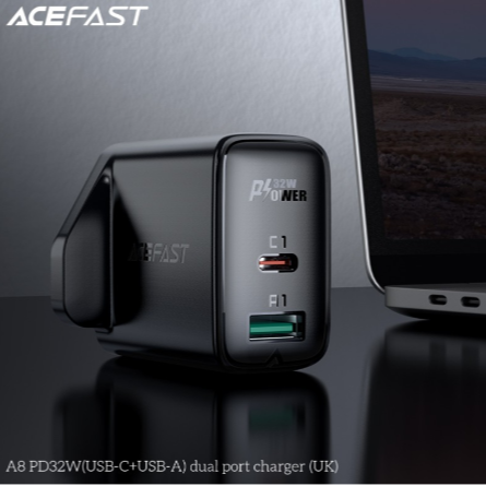 شاحن جداري AceFast A8 بقوة 32 واط منفذ تايب سي ومنفذ يو اس بي - اسود