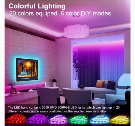 شريط مرن من مصابيح LED متغيرة الالوان بطول 5 متر، LED بالوان 5050 RGB مع جهاز تحكم عن بعد بالاشعة تحت الحمراء 44 مفتاح، مع مزود بالطاقة 24 فولت، لغرف التلفزيون والنوم والبار والمطبخ والحفلات