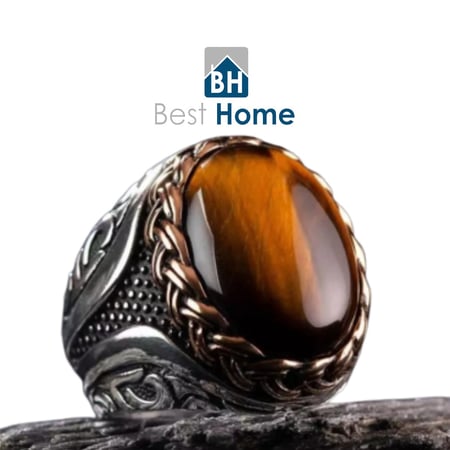 خاتم  عقيق بني متموج مطرز