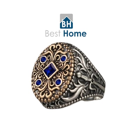 خاتم  مطرز ذهبي بفصوص زرقاء