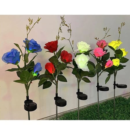 نبته بثلاث زهور مضيئة زينة الحديقة تعمل بالطاقة الشمسية - لون أحمر