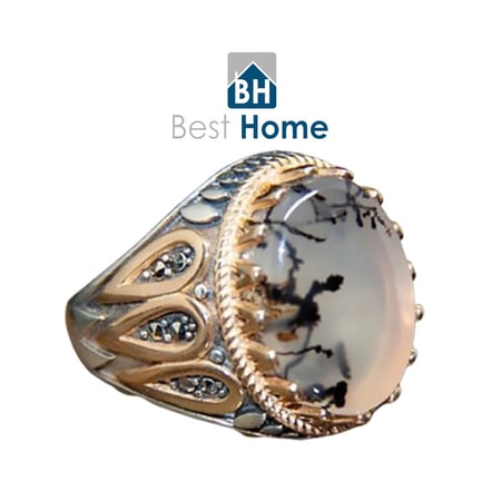 خاتم  عقيق رمادي اسود مطرز نحاسي